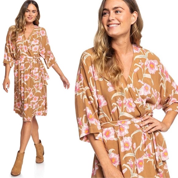 ROXY Privy Places Kimono Wrap Dress Size Small Floral Print - Picture 1 of 7